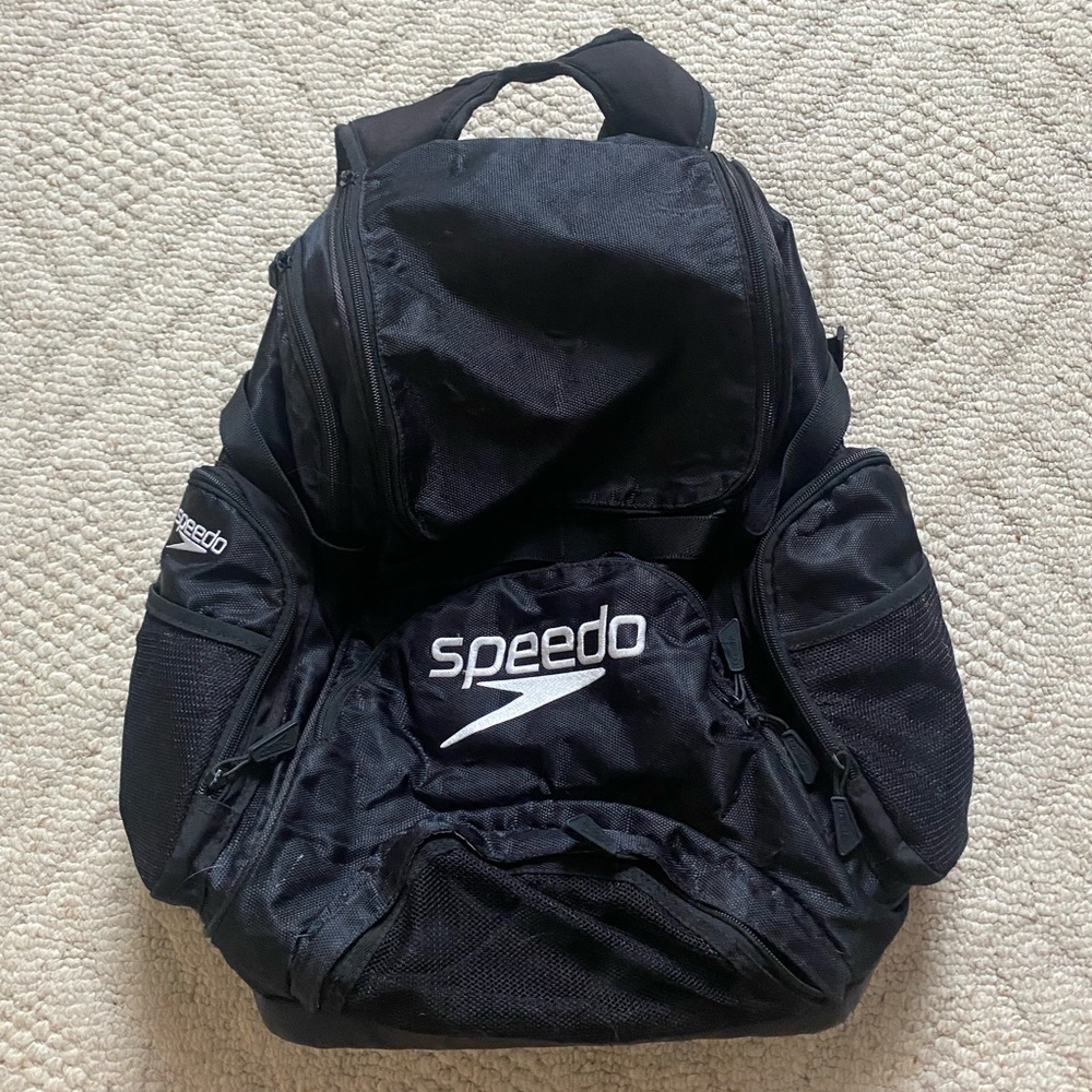 Black Speedo Swimming Backpack. Large storage bag for meets/practices.